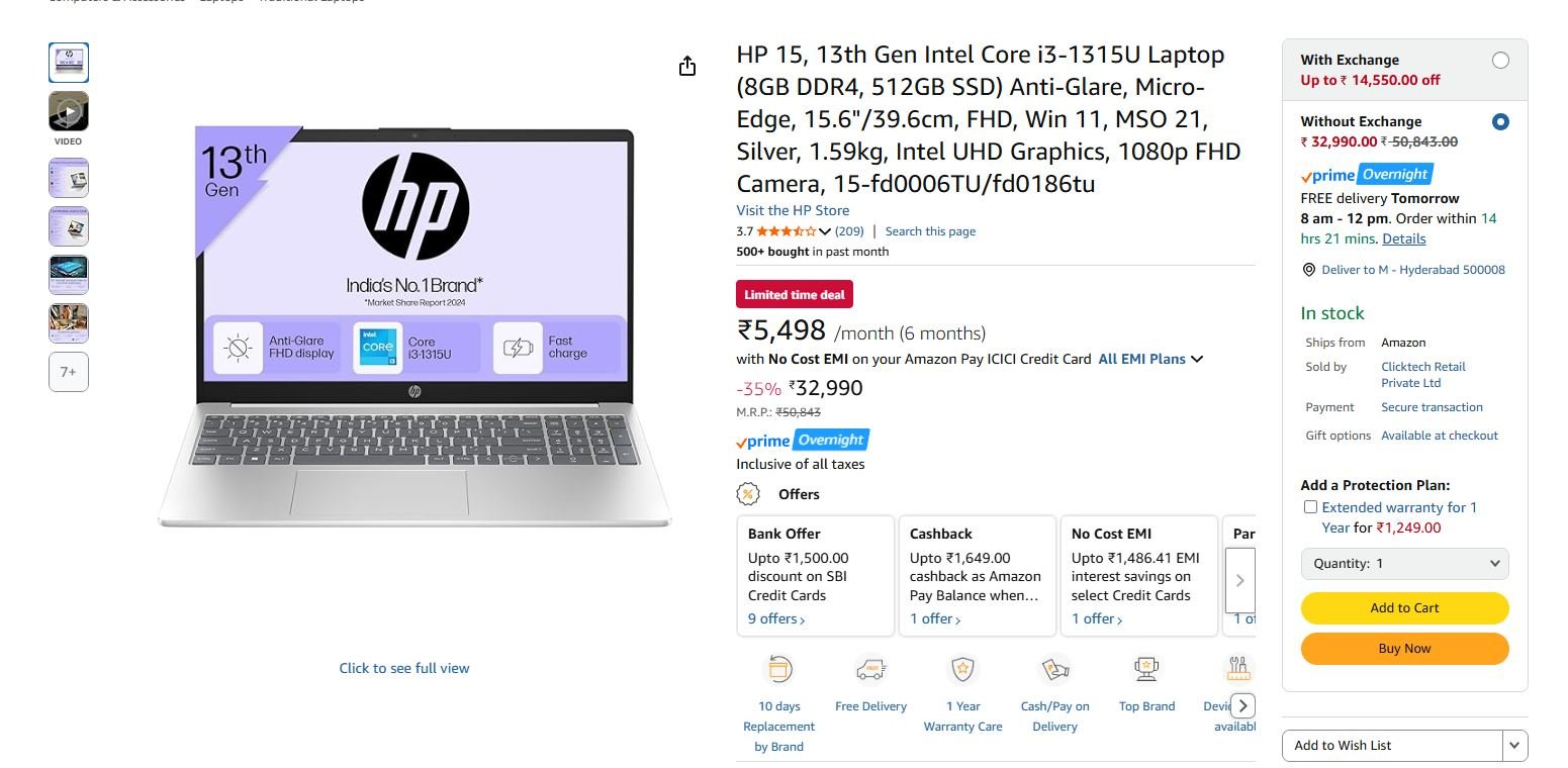 HP 15, 13th Gen Intel Core i3-1315U Laptop